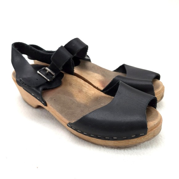Swedish Hasbeens Shoes - Swedish Hasbeens Clog Sandals Black 38 Retro Boho Wood Platform Peep Toe Heels
